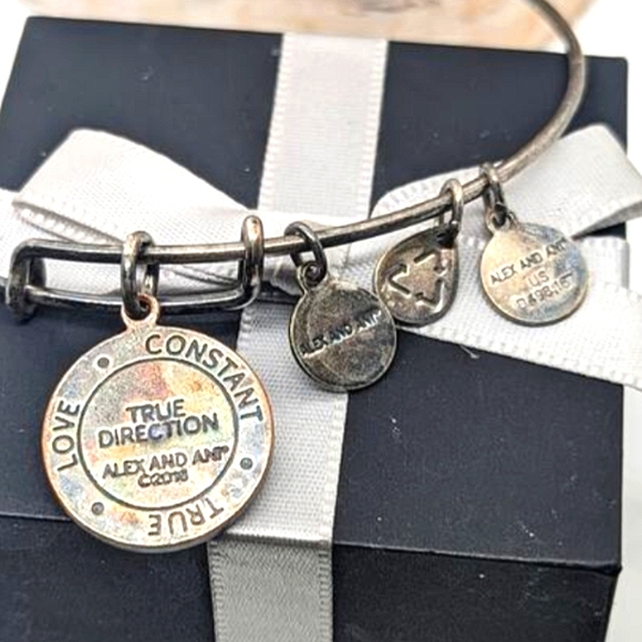 Alex And Ani 2018 "True Direction" Compass Heart Silver Tone Bangle Bracelet - Picture 3 of 4